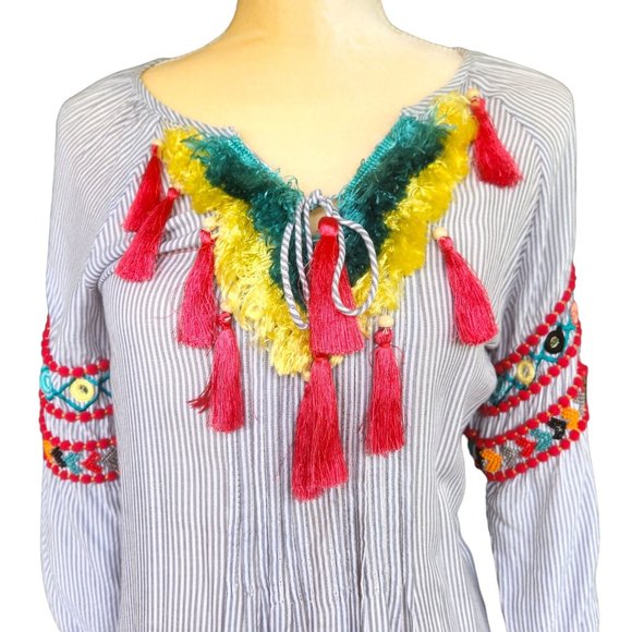 America and Beyond Boho Fringe Embroidered Mini Dress with Tassel Ties NEW w/TAG - Picture 3 of 12